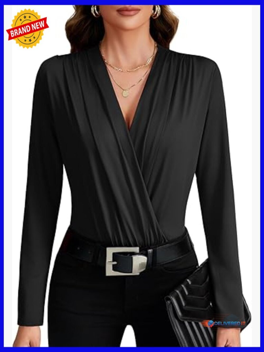 Wrap V Neck Ruched Leotard Bodysuit Long Sleeve Tops